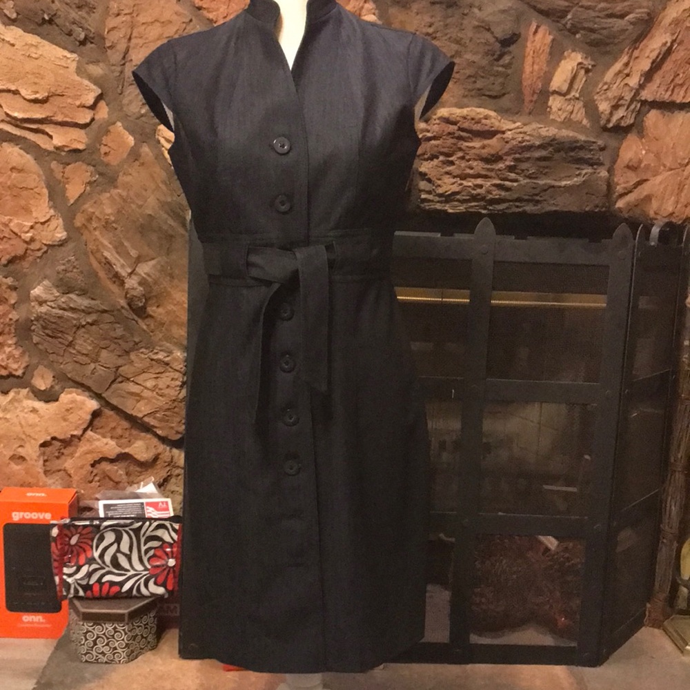 Calvin Klein Black Cap-Sleeve Button Front Belted Dress